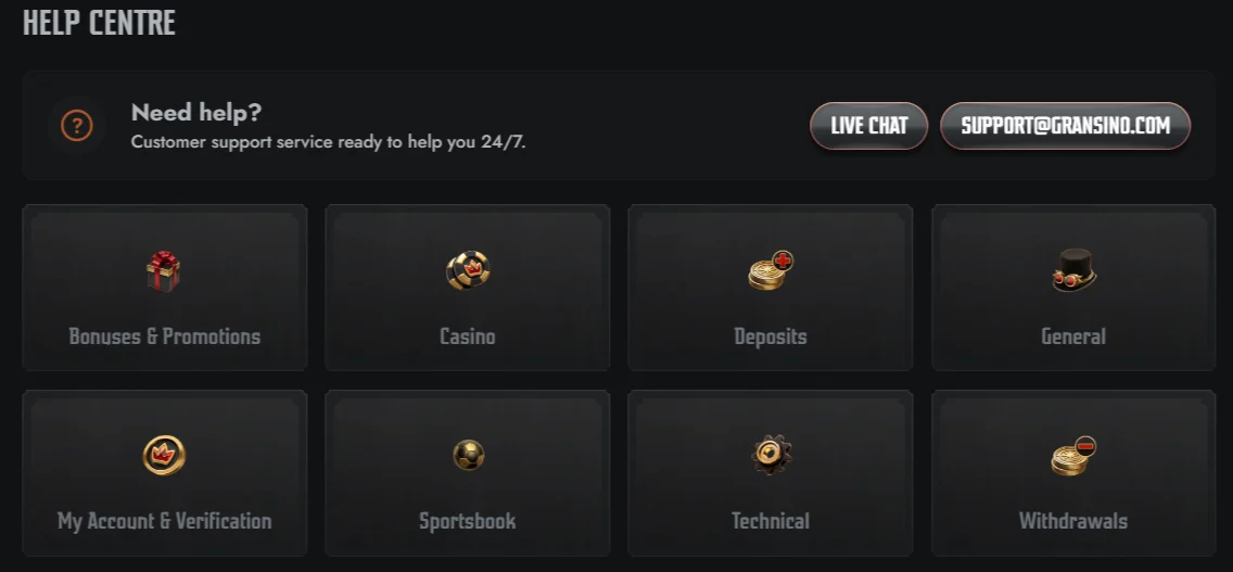 Gransino Casino Customer support